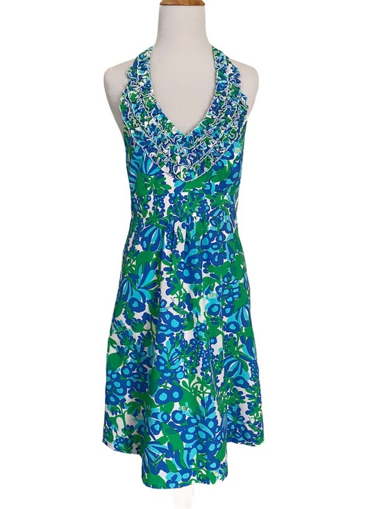 Lilly Pulitzer Dresses & Skirts - Lilly Pulitzer Blue & Green Floral Halter Dress Size 4 “Bee in Your Bonnet”